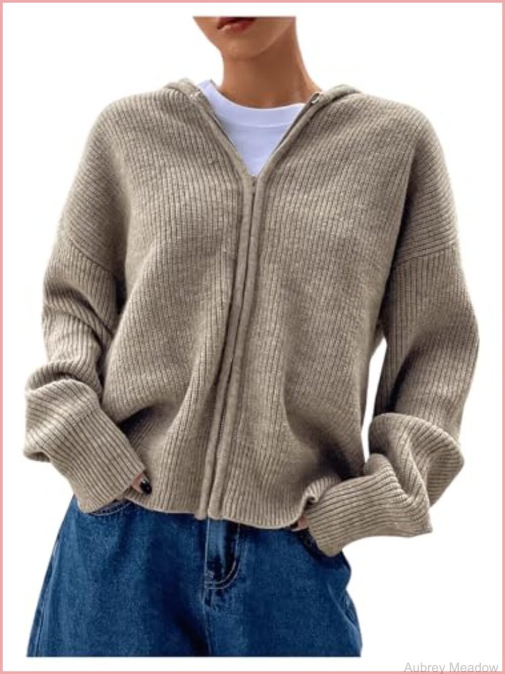Zip Up Hooded Cardigan Sweater Women Knit Long Sleeve Drop Shoulder